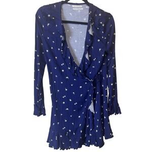 Urban Outfitters navy blue Floral Wrap Dress short Mini Jersey stretch L ruffle